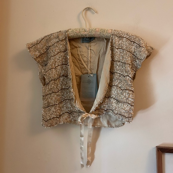vintage hand beaded silver gold sequin shrug top cropped jacket